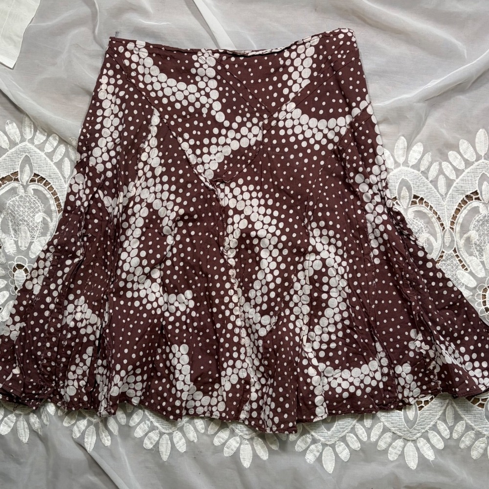 Y2K Fall Brown Polka Dot Cotton A-Line Skirt Frayed Edge Detail Size M